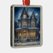 Ornement Carré Argenté Maison éclairée le soir de Noël (Droite)