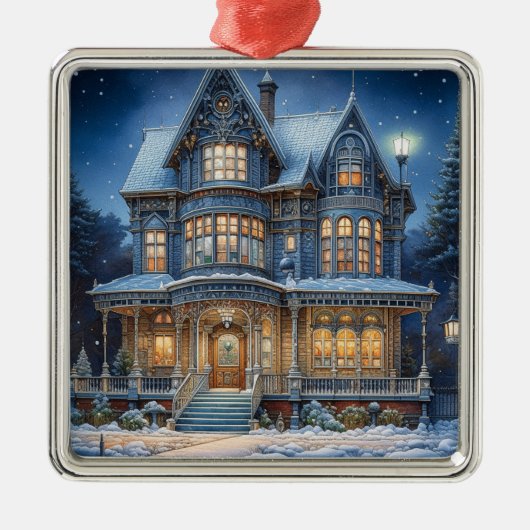 Ornement Carré Argenté Maison éclairée le soir de Noël (Devant)