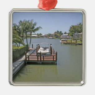 Ornement Carré Argenté Maisons et quais sur le canal Marco Island Floride