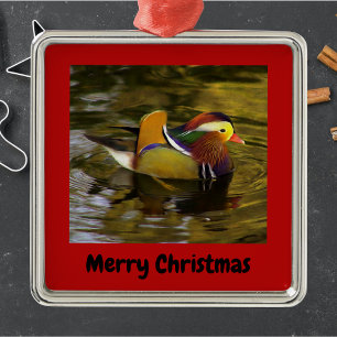Ornement Carré Argenté Mandarin Canard Joyeux Noël Rouge encadré