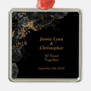 Ornement Carré Argenté Mariage Floral Noir Anniversaire Ornament métalliq