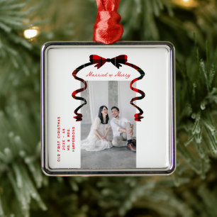 Ornement Carré Argenté Mariés et Joyeux Nœud Photo Noël Nouveaux Mariés