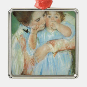 Ornement Carré Argenté Mary Cassatt Carte de fête des mères et des enfant