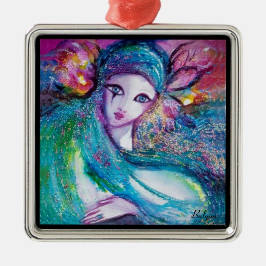 ORNEMENT CARRÉ ARGENTÉ MASQUE EN BLEU (Devant)