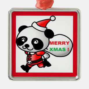 ORNEMENT CARRÉ ARGENTÉ "MERRY XMAS" PANDA BEAR SANTA