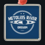 Ornement Carré Argenté Metolius River Oregon Kayaking<br><div class="desc">La rivière Metolius s'écoule du sol près de la base de Black Butte,  non loin de Sisters,  en Oregon,  et a un débit constant toute l'année pour le canotage et le kayak qui émerge d'un aquifère en amont sain.</div>