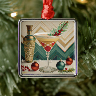 Ornement Carré Argenté Mi-Siècle Cocktail de Noël Fête Happy Hour