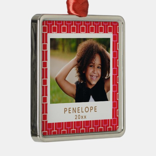 Ornement Carré Argenté Mid Century Mod Noël Rouge Motif Photo personnalis (Droite)