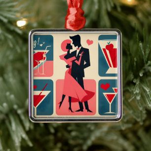 Ornement Carré Argenté Mid Century moderne Valentine Dancing Couple