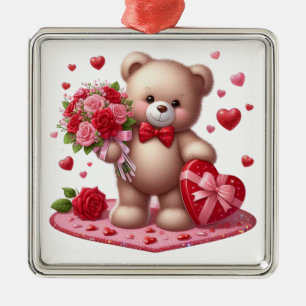 Ornement Carré Argenté Mignonne Valentine's Day Teddy Bear
