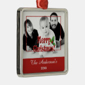 Ornement Carré Argenté Modern Merry Christmas and Holly Custom Photo Red (Droite)
