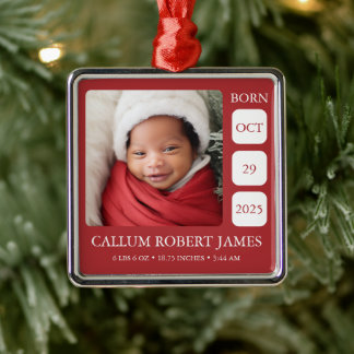 Ornement Carré Argenté Modern Silver Border Red Baby Birth Stats Ornament