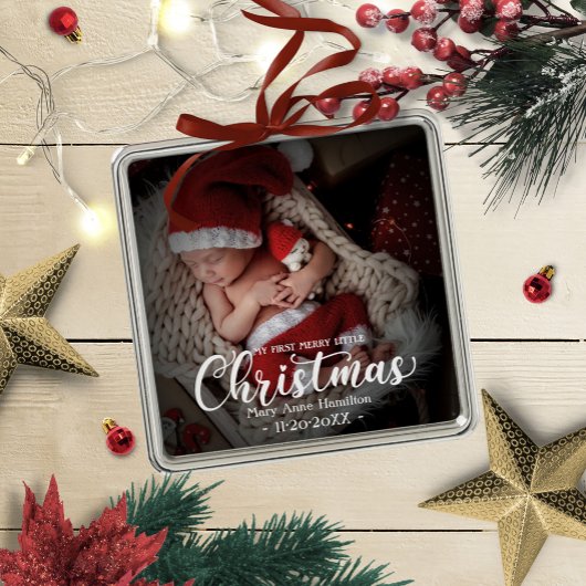 Ornement Carré Argenté Mon premier joyeux petit Noël Nouveau-né photo béb