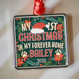 Ornement Carré Argenté Mon premier Noël dans ma Forever Home Bold Wreath