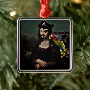 Ornement Carré Argenté Mona Lisa pirate avec cache-œil