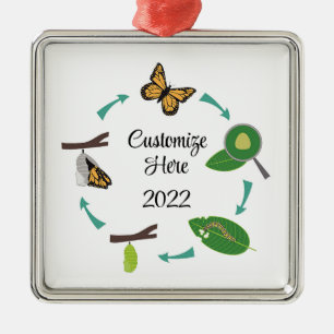 Ornement Carré Argenté Monarch butterfly lifecycle metal ornament