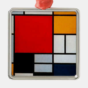 Ornement Carré Argenté Mondrian - Composition avec grand plan rouge
