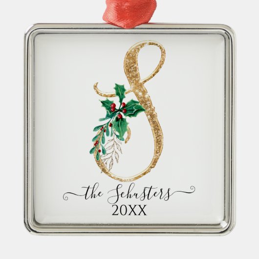 Ornement Carré Argenté Monogramme D'Or Parties scintillant Noël Holly Fol (Devant)