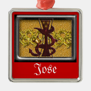 Ornement Carré Argenté monogramme rouge J