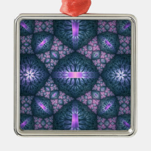 Ornement Carré Argenté Motif d'art fractal 3D turquoise violet rose