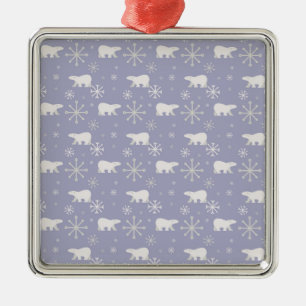 Ornement Carré Argenté Motif de Noël avec ours polaires et flocons de nei