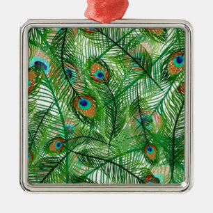 Ornement Carré Argenté motif de plumes de paon