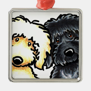 Ornement Carré Argenté N jaune Labradoodle noir
