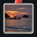 Ornement Carré Argenté Nai Yang Beach, Phuket, Thaïlande<br><div class="desc">Nai Yang Beach,  Phuket,  ornement du coucher de soleil en Thaïlande,  étiqueté.</div>