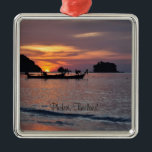 Ornement Carré Argenté Nai Yang Beach, Phuket, Thaïlande<br><div class="desc">Nai Yang Beach,  Phuket,  ornement du coucher de soleil en Thaïlande,  étiqueté.</div>