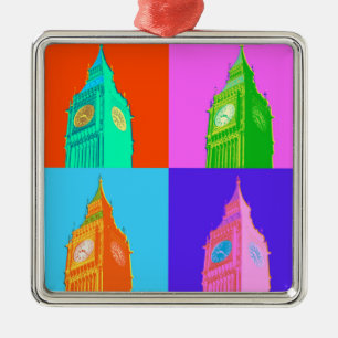 Ornement Carré Argenté Néon Big Ben d'art de bruit