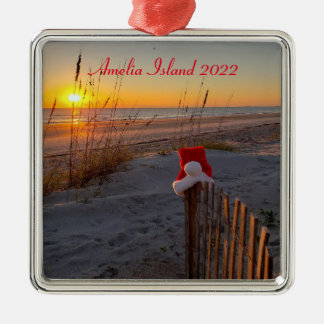 Ornement Carré Argenté Noël à la plage de l'île d'Amelia