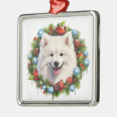 ORNEMENT CARRÉ ARGENTÉ NOËL ADORABLE SAMOYED CHIEN WREATING (Gauche)