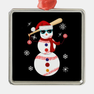 Ornement Carré Argenté Noël Baseball Snowman Santa Hat Cadeau