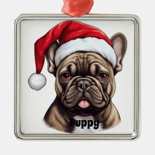 ORNEMENT CARRÉ ARGENTÉ NOËL BULLDOG FRANÇAIS AVEC SANTA HAT