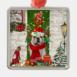 Ornement Carré Argenté Noël de Bulldog anglais
