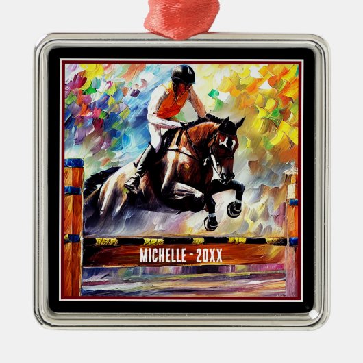 Ornement Carré Argenté Noël de saut à cheval personnalisé (Devant)