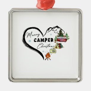 Ornement Carré Argenté Noël Joyeux Camping de Noël