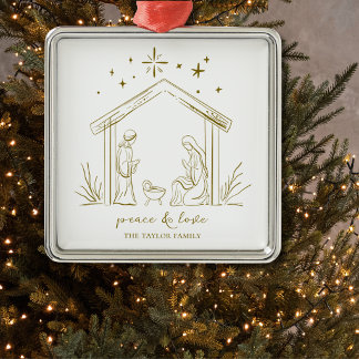 Ornement Carré Argenté Noël moderne Nativité paix amour religieux