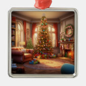 ORNEMENT CARRÉ ARGENTÉ NOËL PACIFIQUE MATIN AVEC ARBRE ET PRÉSENTS (Devant)