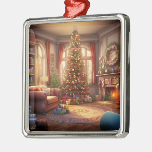 ORNEMENT CARRÉ ARGENTÉ NOËL PACIFIQUE MATIN AVEC ARBRE ET PRÉSENTS (Gauche)