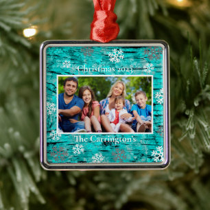 Ornement Carré Argenté Noël Photo Snowflakes Nom Blue Metallic Meta