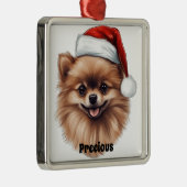 ORNEMENT CARRÉ ARGENTÉ NOËL POMERANIEN CHIEN AVEC SANTA HAT (Droite)