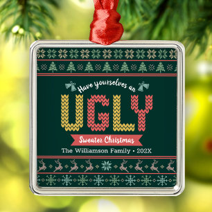 Ornement Carré Argenté Noël Sweat Ugly Nordique Vert Chasseur Tricoté