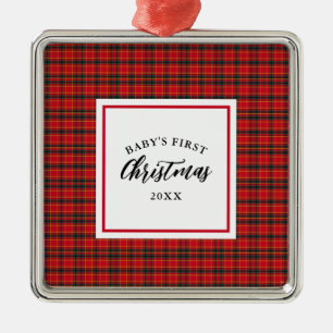 Ornement Carré Argenté Noël Tartan Plaid Baby's First Christmas