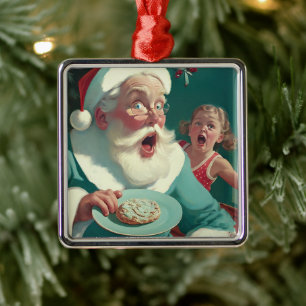 Ornement Carré Argenté Noël vintage Père Noël pris à main rouge