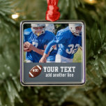 Ornement Carré Argenté Nom et numéro de la photo de football personnalisé<br><div class="desc">Ajoutez la photo,  le nom et le numéro de votre joueur à cette conception de football personnalisée. Fait un grand cadeau de fin de saison pour célébrer tout son travail et son dévouement. Découvrez nos autres designs sportifs en cliquant sur le logo Colorfulgalshop ci-dessous.</div>