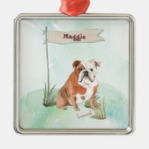 Ornement Carré Argenté Nom personnalisé Anglais Bulldog Pet Chien
