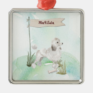 Ornement Carré Argenté Nom personnalisé White Poodle Pet Doigt