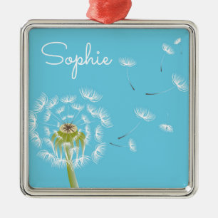 Ornement Carré Argenté Nom personnel floral du dandelion bleu ciel
