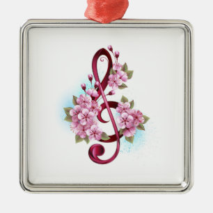 Ornement Carré Argenté Notes de clef musicale en treble avec des fleurs S